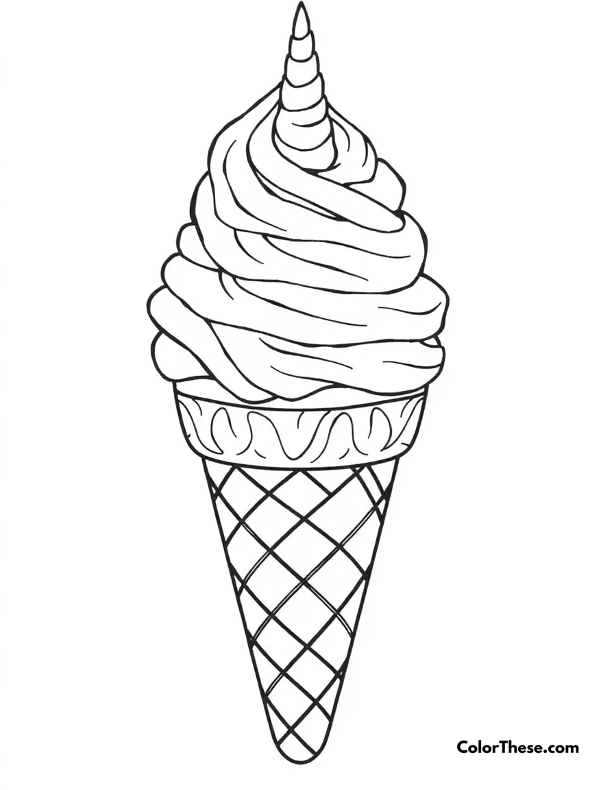 Free printable ice cream unicorn coloring page for kids and adults. A unicorn-themed ice cream cone with rainbow swirls.