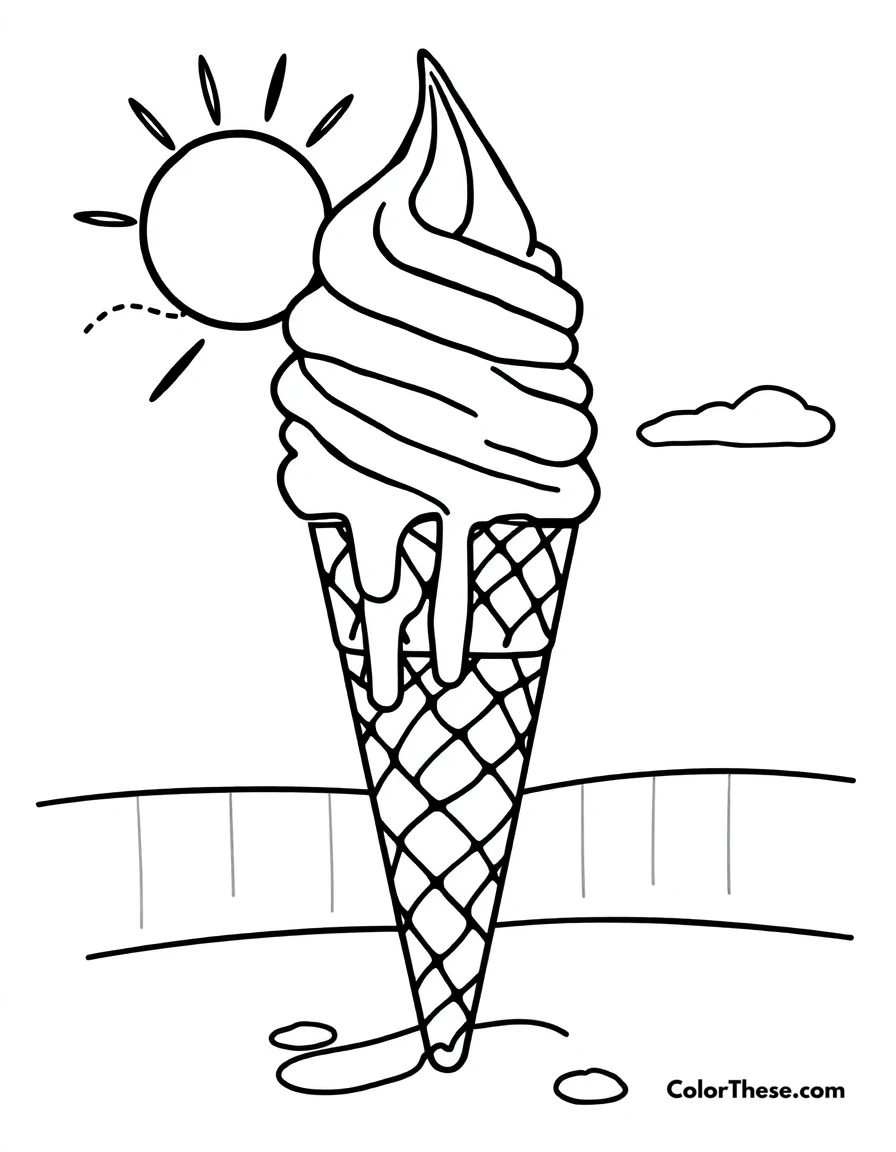 Free printable melted ice cream coloring page for kids and adults. A melting ice cream cone on a sunny day.