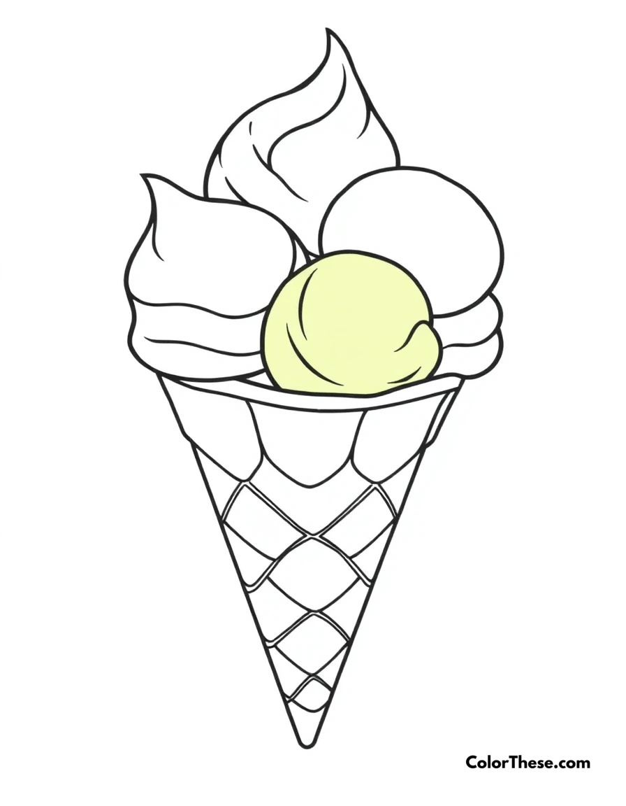 Free printable rainbow ice cream cone coloring page for kids and adults. An ice cream cone with vibrant scoops.