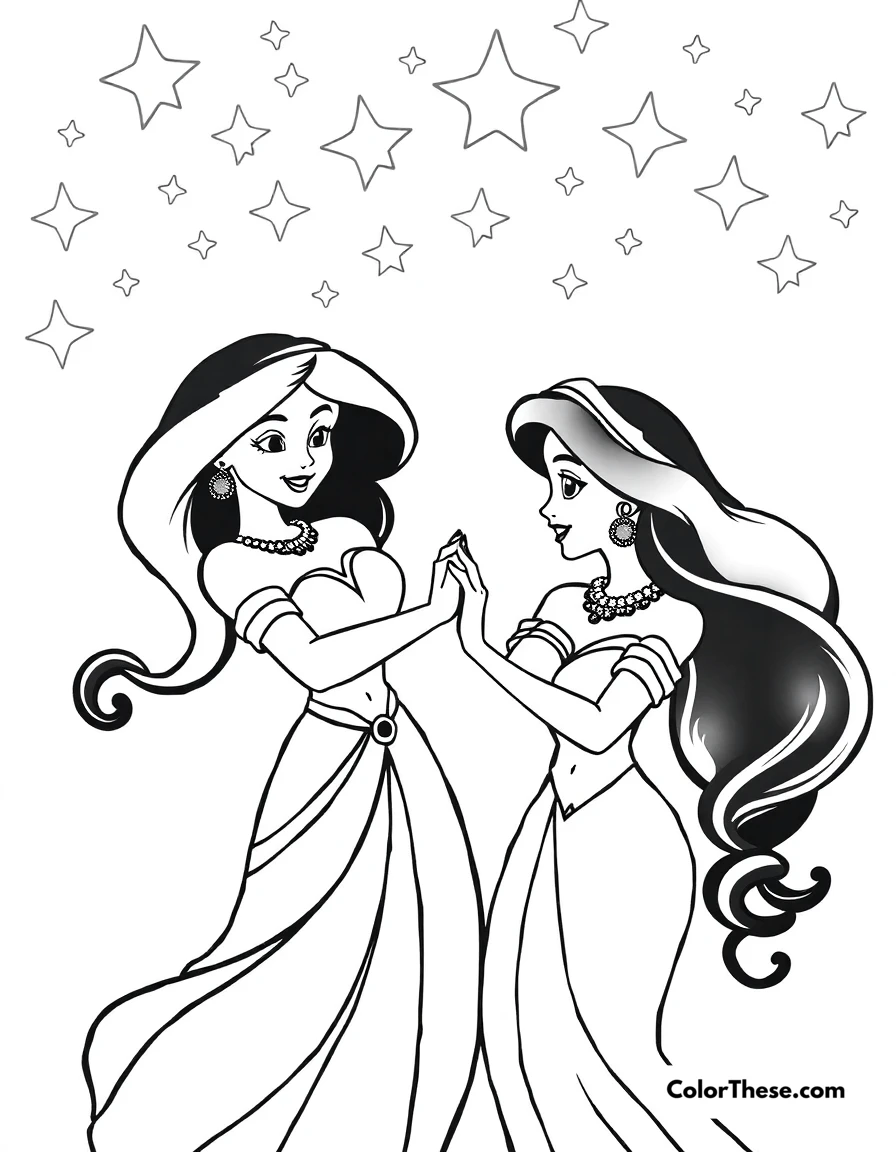 Free printable jasmine (disney) and aladdin dancing coloring page for kids and adults. Jasmine (Disney) and Aladdin dancing under the stars.