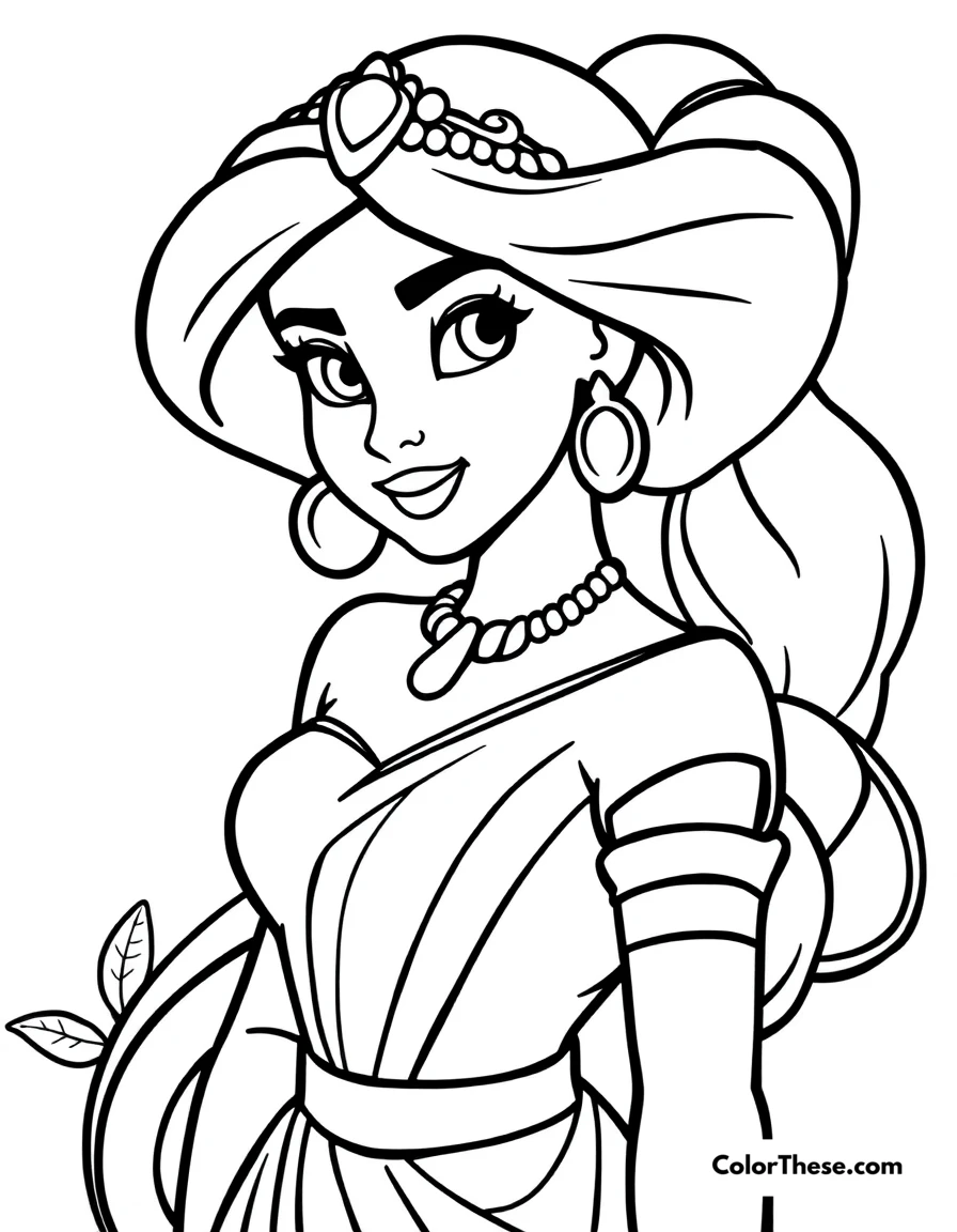 Free printable jasmine (disney) in her blue outfit coloring page for kids and adults. Jasmine (Disney) in her stunning blue outfit.