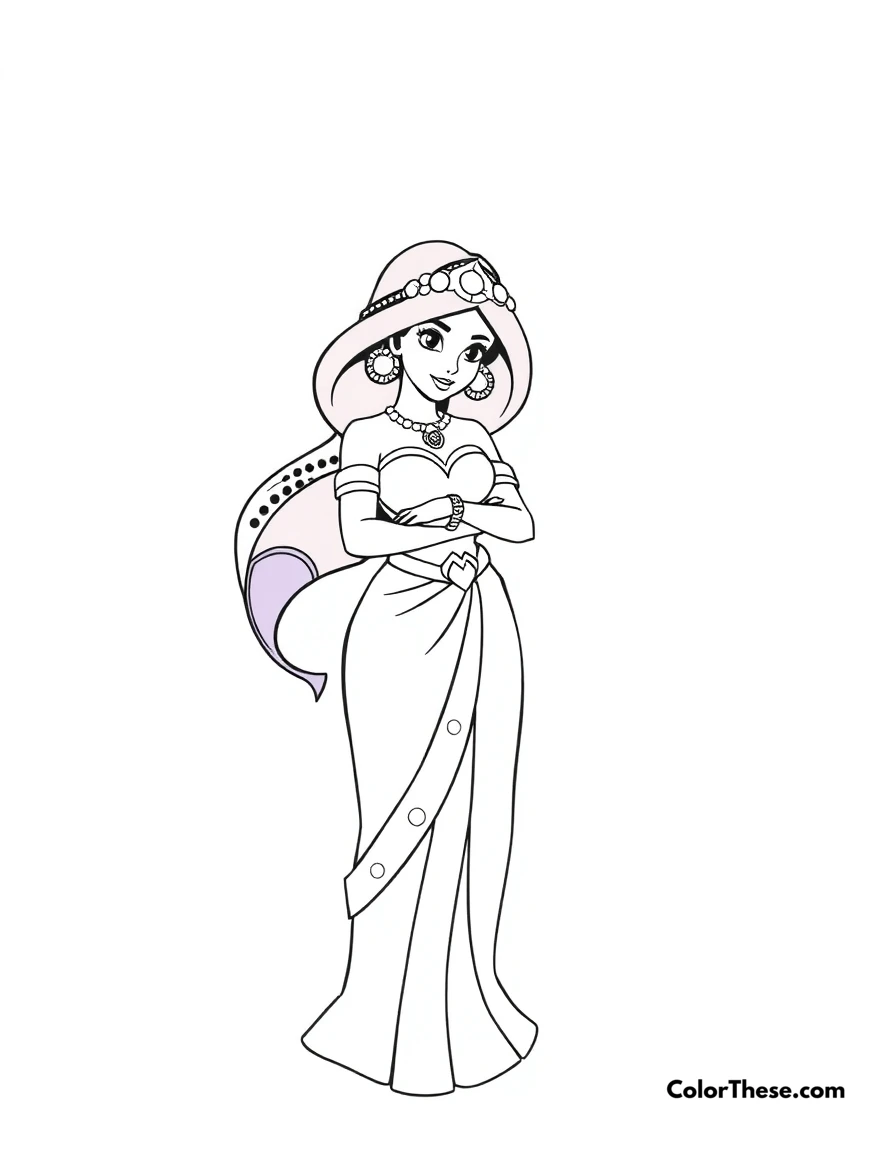 Free printable jasmine (disney) in her purple outfit coloring page for kids and adults. Jasmine (Disney) in her stunning purple outfit.