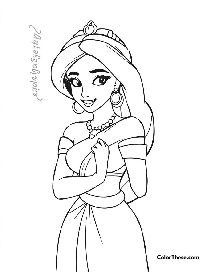 Free printable jasmine (disney) in her red outfit coloring page for kids and adults. Jasmine (Disney) in her stunning red outfit.