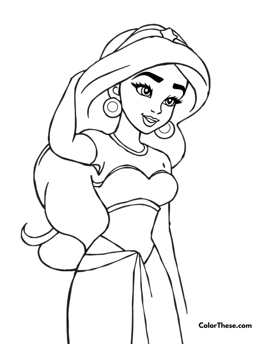 Free printable jasmine (disney) in her teal outfit coloring page for kids and adults. Jasmine (Disney) in her iconic teal outfit.