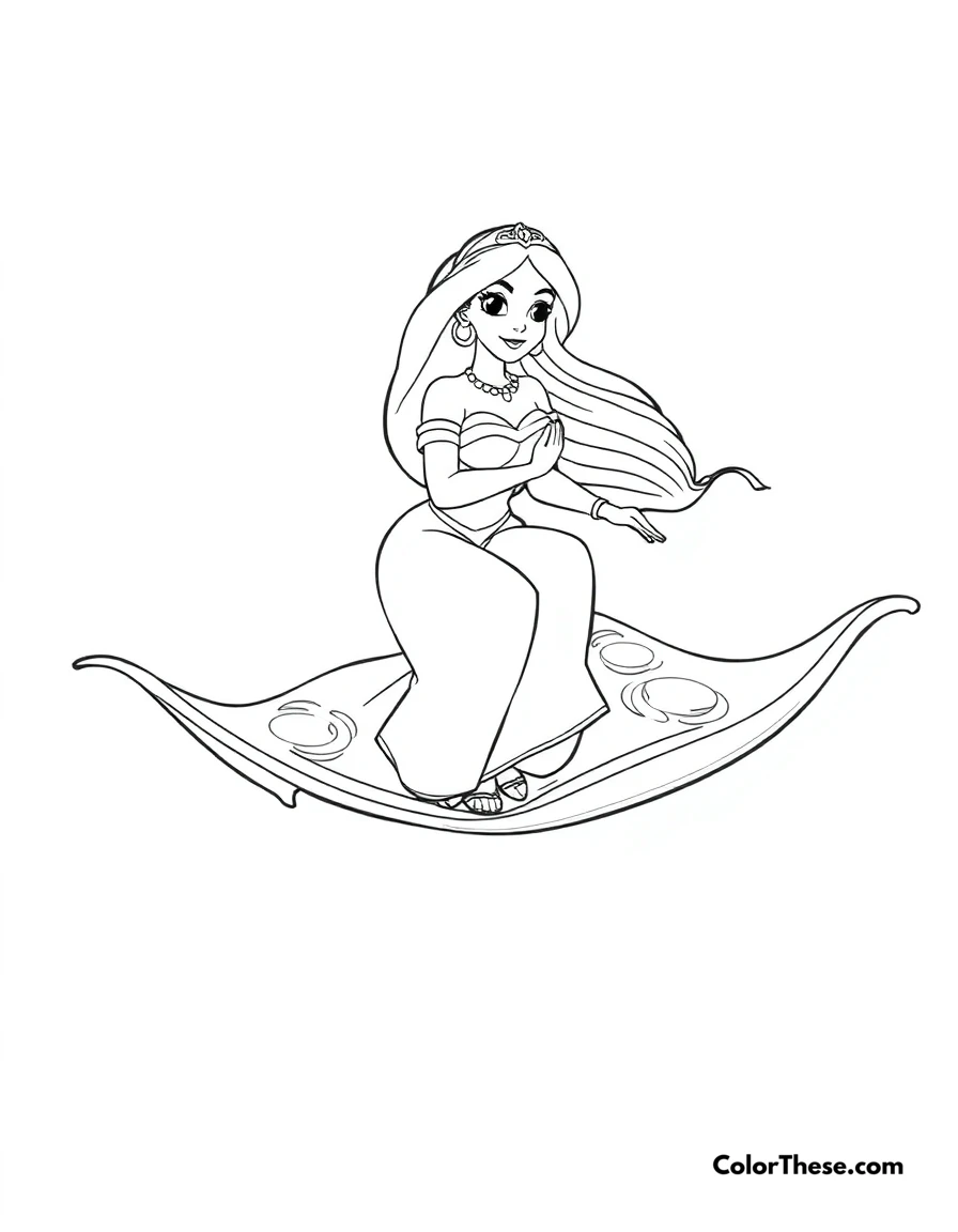 Free printable jasmine (disney) on the magic carpet coloring page for kids and adults. Jasmine (Disney) riding the magic carpet with Aladdin.