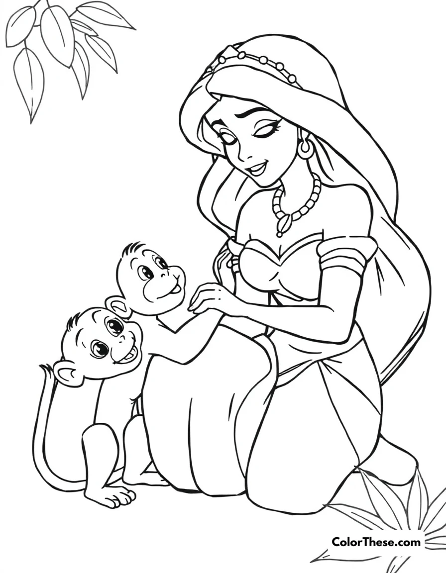 Free printable jasmine (disney) with abu coloring page for kids and adults. Jasmine (Disney) playing with Abu the monkey.