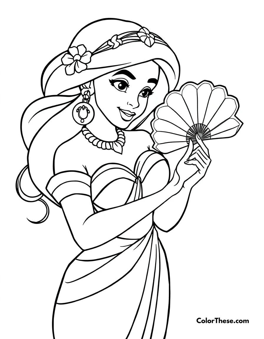 Free printable jasmine (disney) with a fan coloring page for kids and adults. Jasmine (Disney) holding an elegant fan.