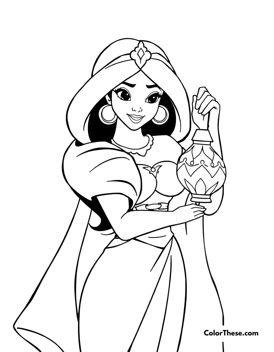 Free printable jasmine (disney) with a lantern coloring page for kids and adults. Jasmine (Disney) holding a glowing lantern.