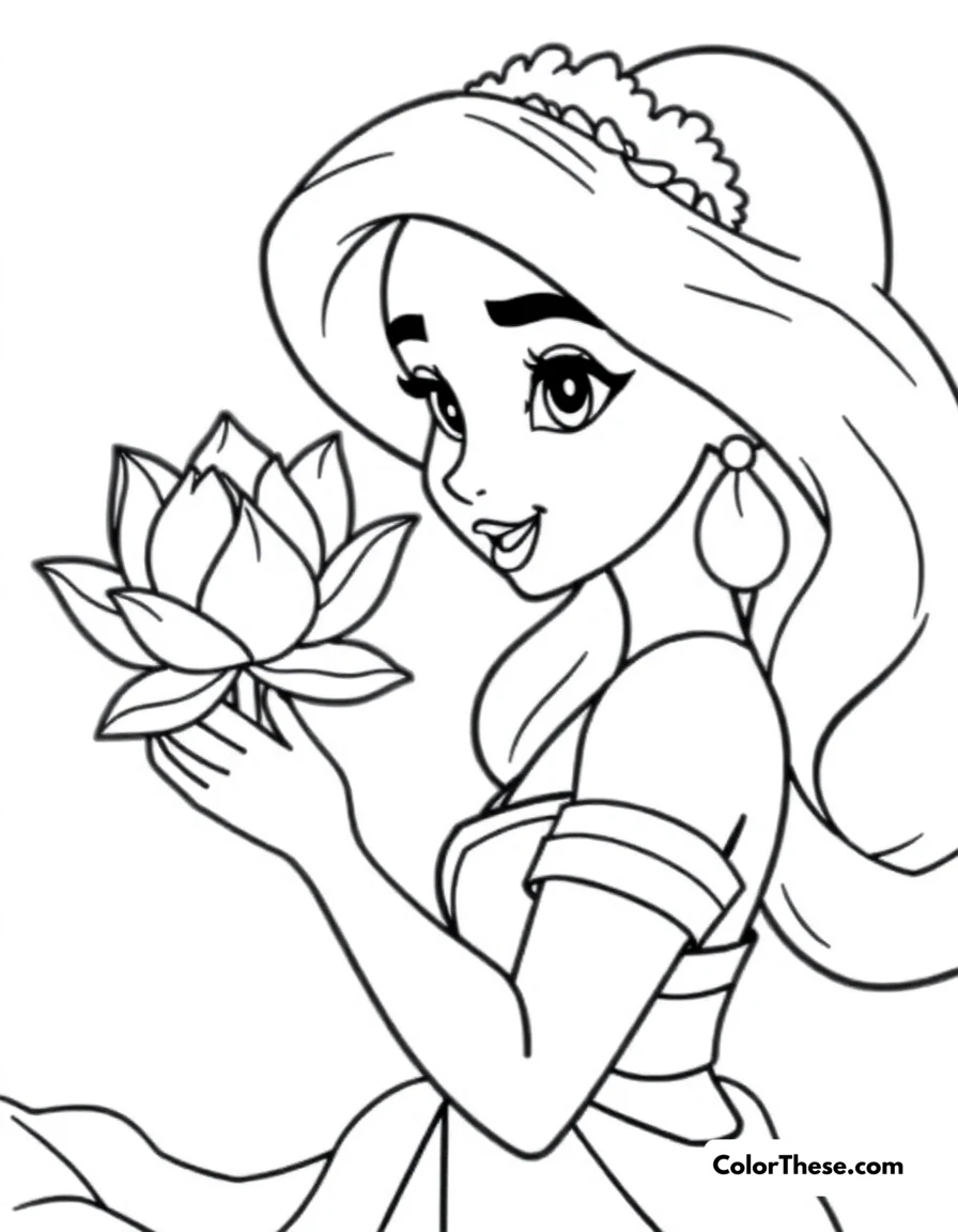 Free printable jasmine (disney) with a lotus flower coloring page for kids and adults. Jasmine (Disney) holding a lotus flower.