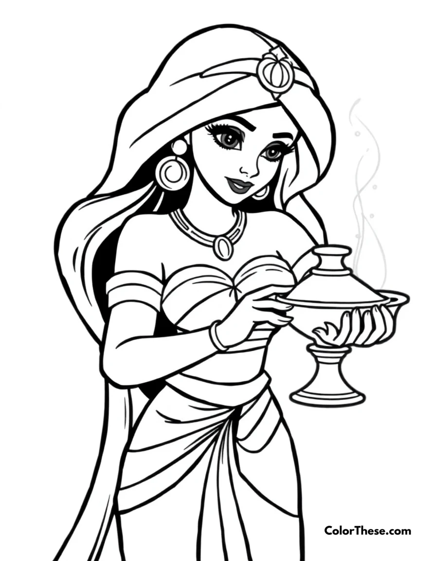 Free printable jasmine (disney) with a magic lamp coloring page for kids and adults. Jasmine (Disney) holding the magic lamp.