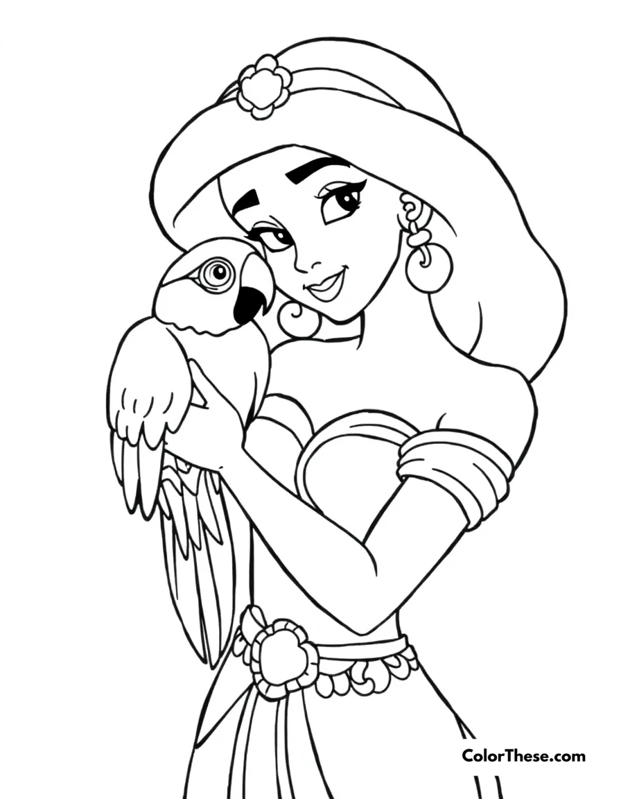 Free printable jasmine (disney) with a parrot coloring page for kids and adults. Jasmine (Disney) holding a colorful parrot.