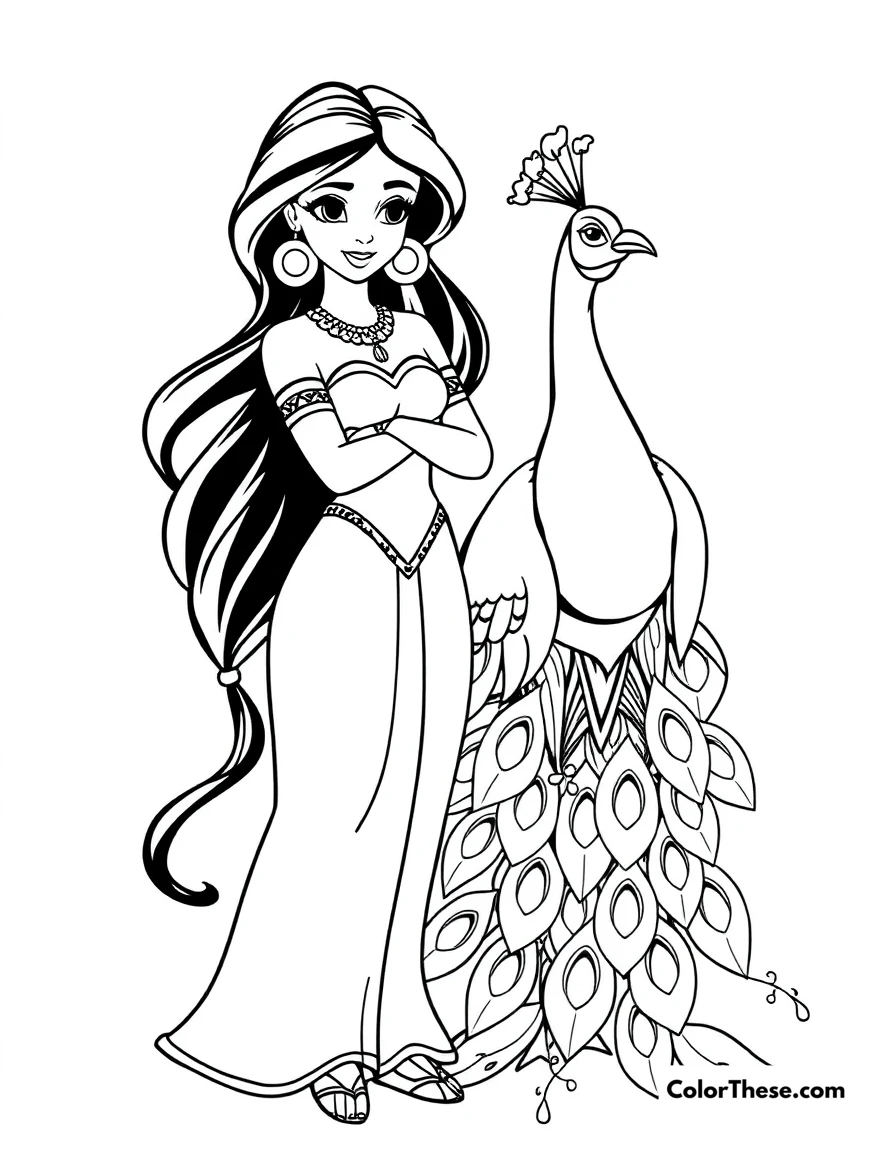 Free printable jasmine (disney) with a peacock coloring page for kids and adults. Jasmine (Disney) standing with a majestic peacock.