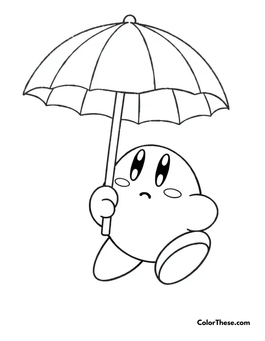 Free printable kirby with parasol coloring page for kids and adults. Kirby holding a cute parasol.