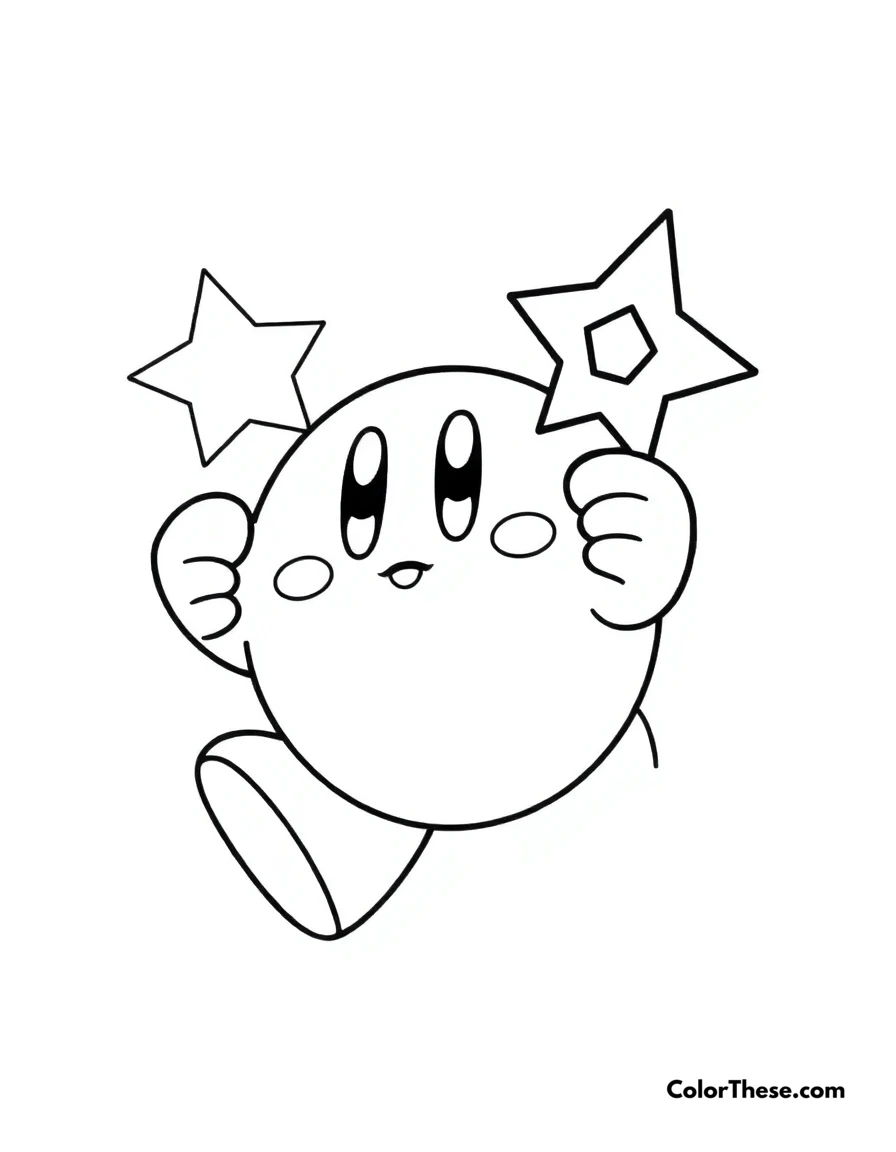 Free printable kirby with star rod coloring page for kids and adults. Kirby holding the Star Rod, ready for adventure.