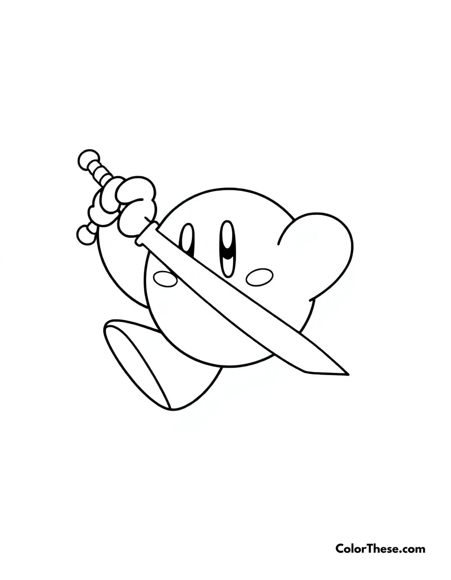 Free printable kirby with sword ability coloring page for kids and adults. Kirby wielding a sword, ready for battle.