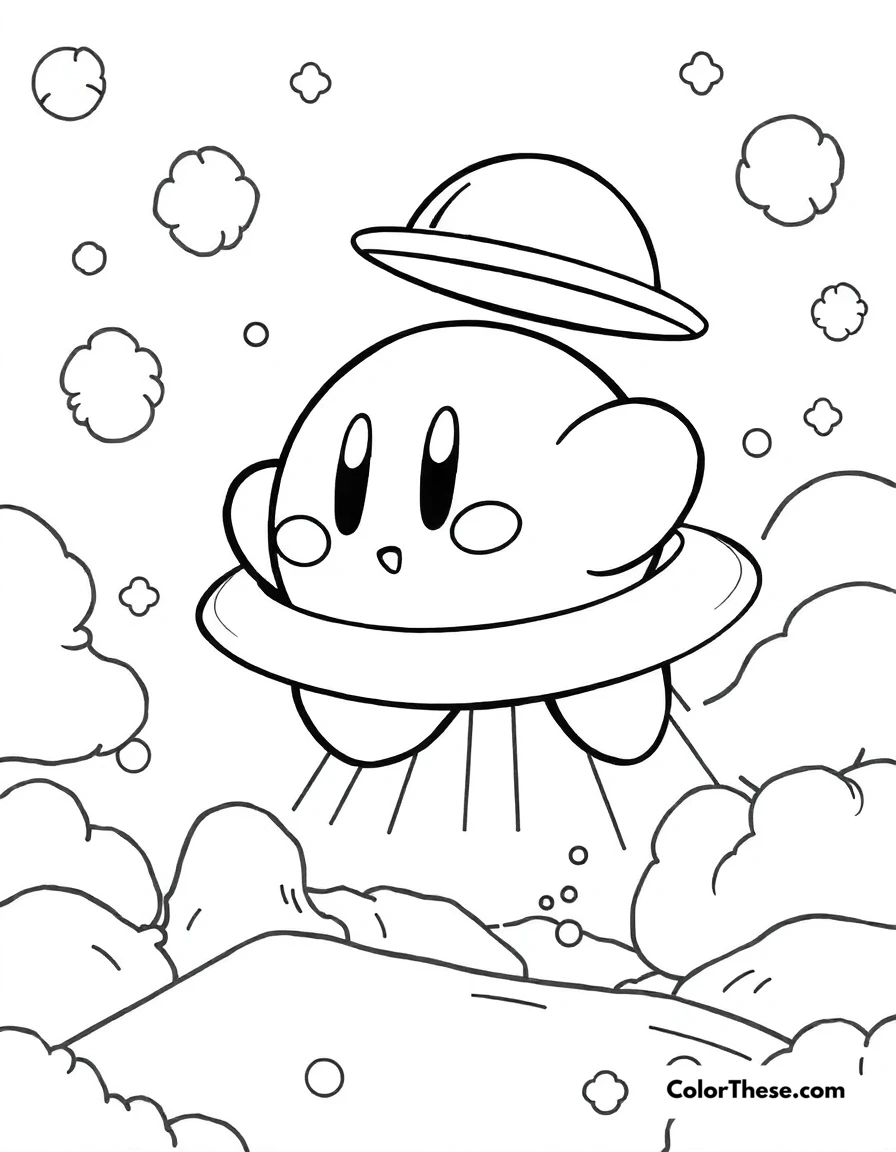 Free printable kirby with ufo ability coloring page for kids and adults. Kirby flying with his UFO ability.