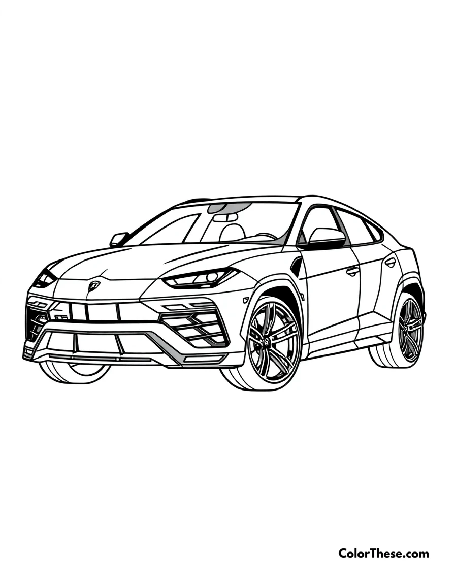 Free printable lamborghini urus coloring page for kids and adults. A powerful Lamborghini Urus SUV in a commanding pose.