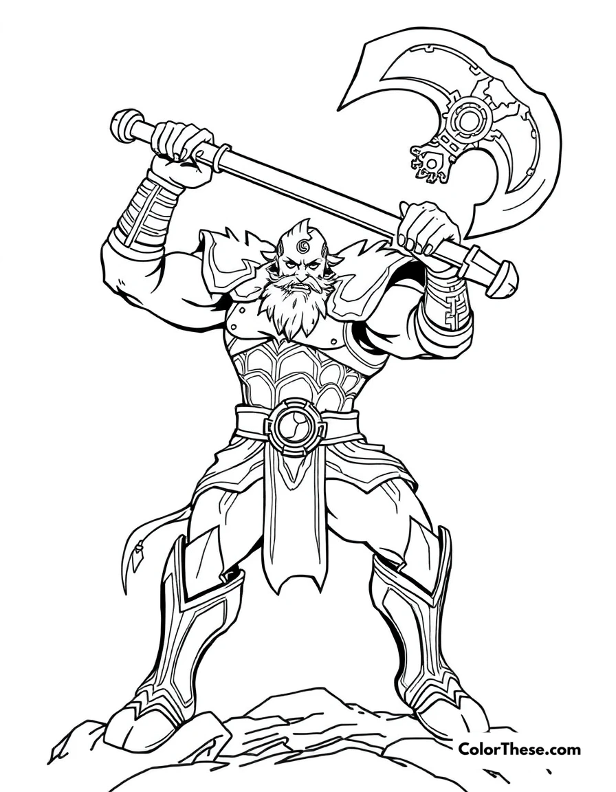 Free printable darius swinging his axe coloring page for kids and adults. Darius, the Hand of Noxus from League of Legends, swinging his massive axe.