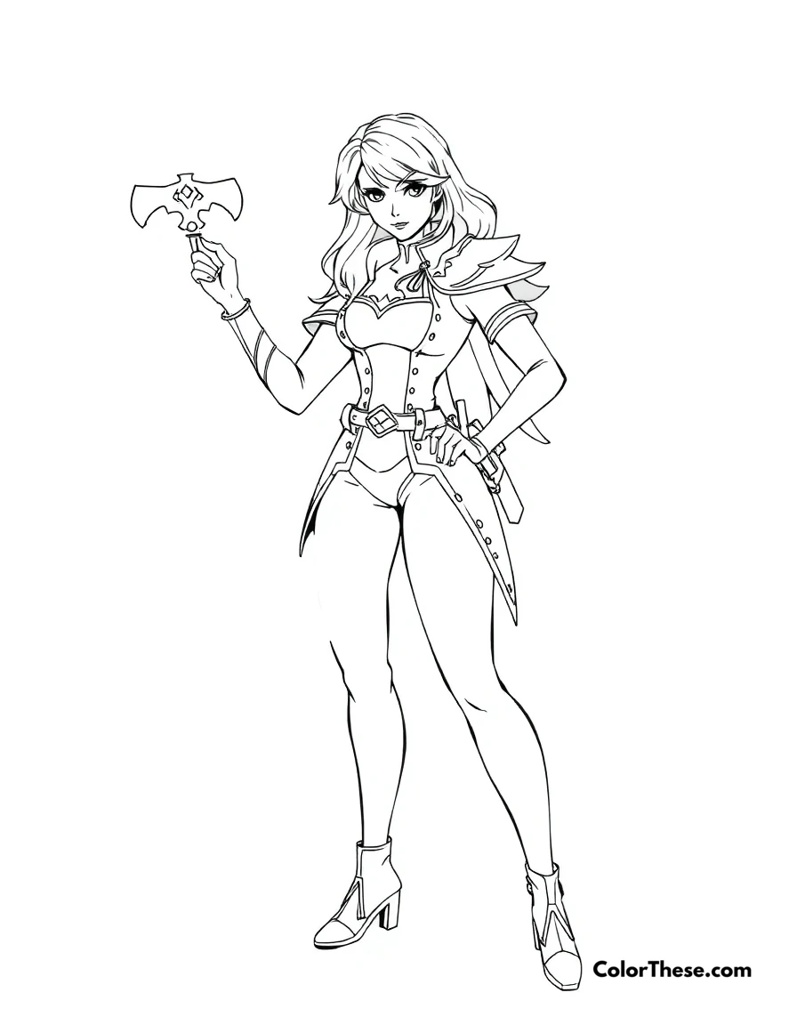 Free printable fiora in a dueling stance coloring page for kids and adults. Fiora, the Grand Duelist from League of Legends, in a poised stance.