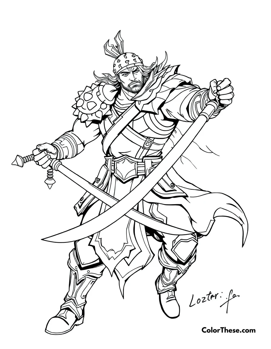 Free printable garen spinning with his sword coloring page for kids and adults. Garen, the Might of Demacia from League of Legends, spinning with his sword.