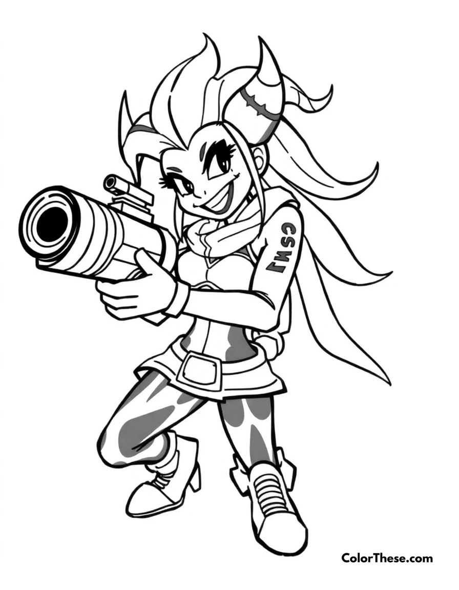 Free printable jinx with her minigun coloring page for kids and adults. Jinx, the Loose Cannon from League of Legends, wielding her minigun with a mischievous grin.
