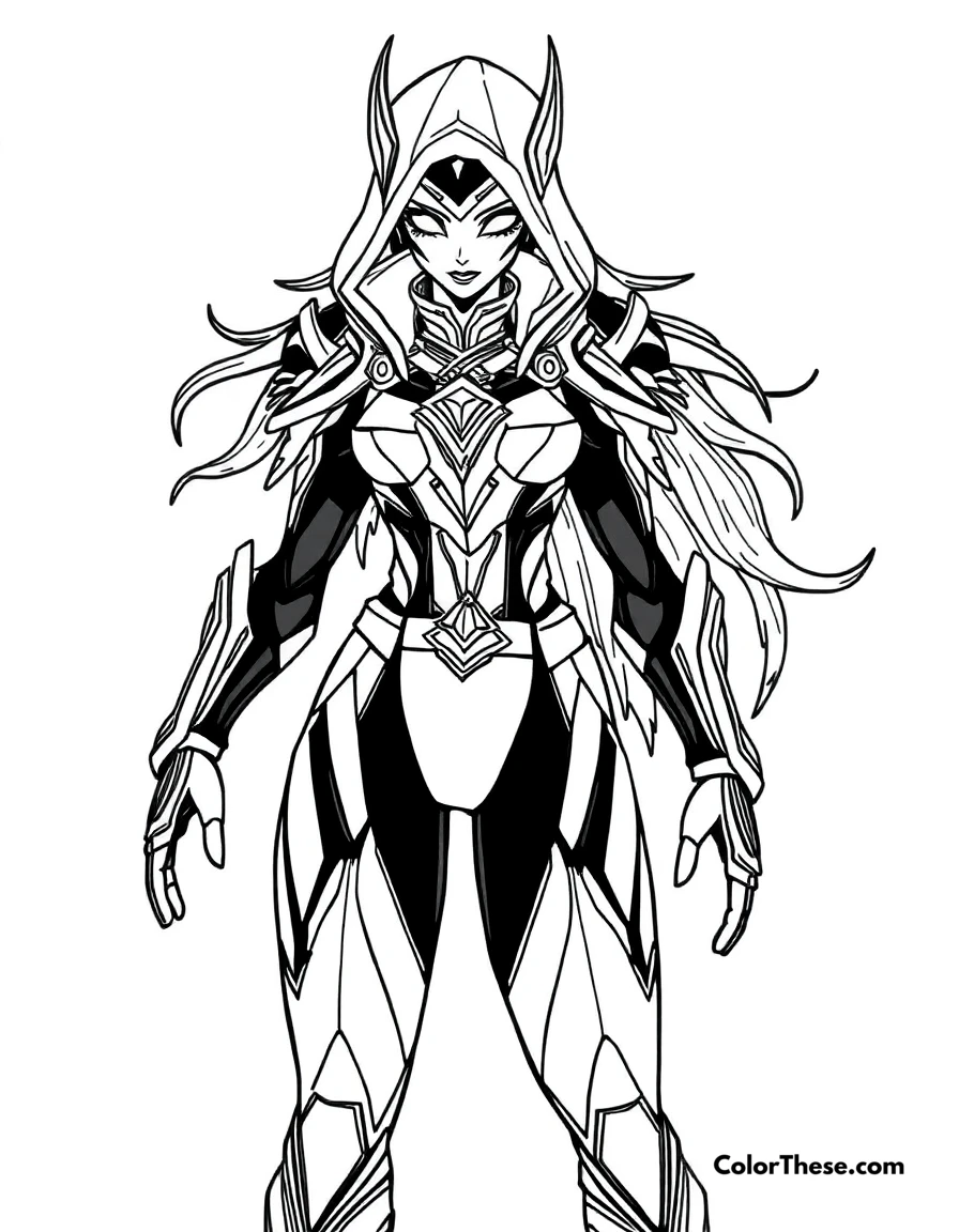 Free printable kai’sa in her void suit coloring page for kids and adults. Kai’sa, Daughter of the Void from League of Legends, in her futuristic suit.