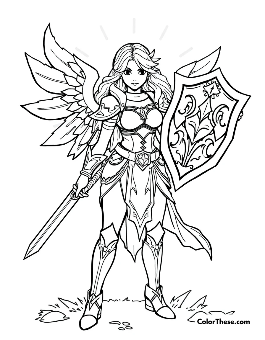 Free printable leona with her shield coloring page for kids and adults. Leona, the Radiant Dawn from League of Legends, holding her shield and sword.