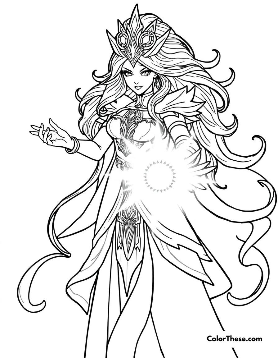 Free printable lux casting a spell coloring page for kids and adults. Lux, the Lady of Luminosity from League of Legends, casting a radiant spell.