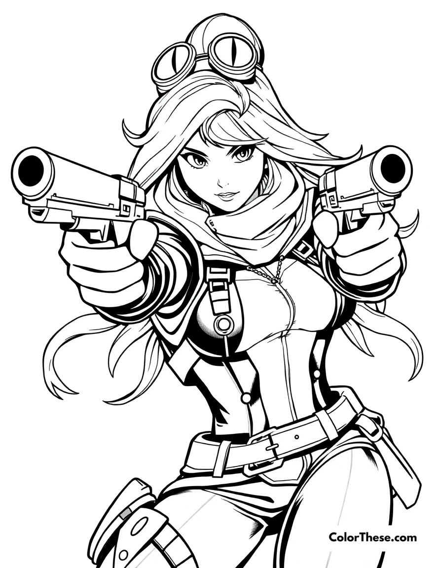 Free printable miss fortune with her pistols coloring page for kids and adults. Miss Fortune, the Bounty Hunter from League of Legends, aiming her dual pistols.
