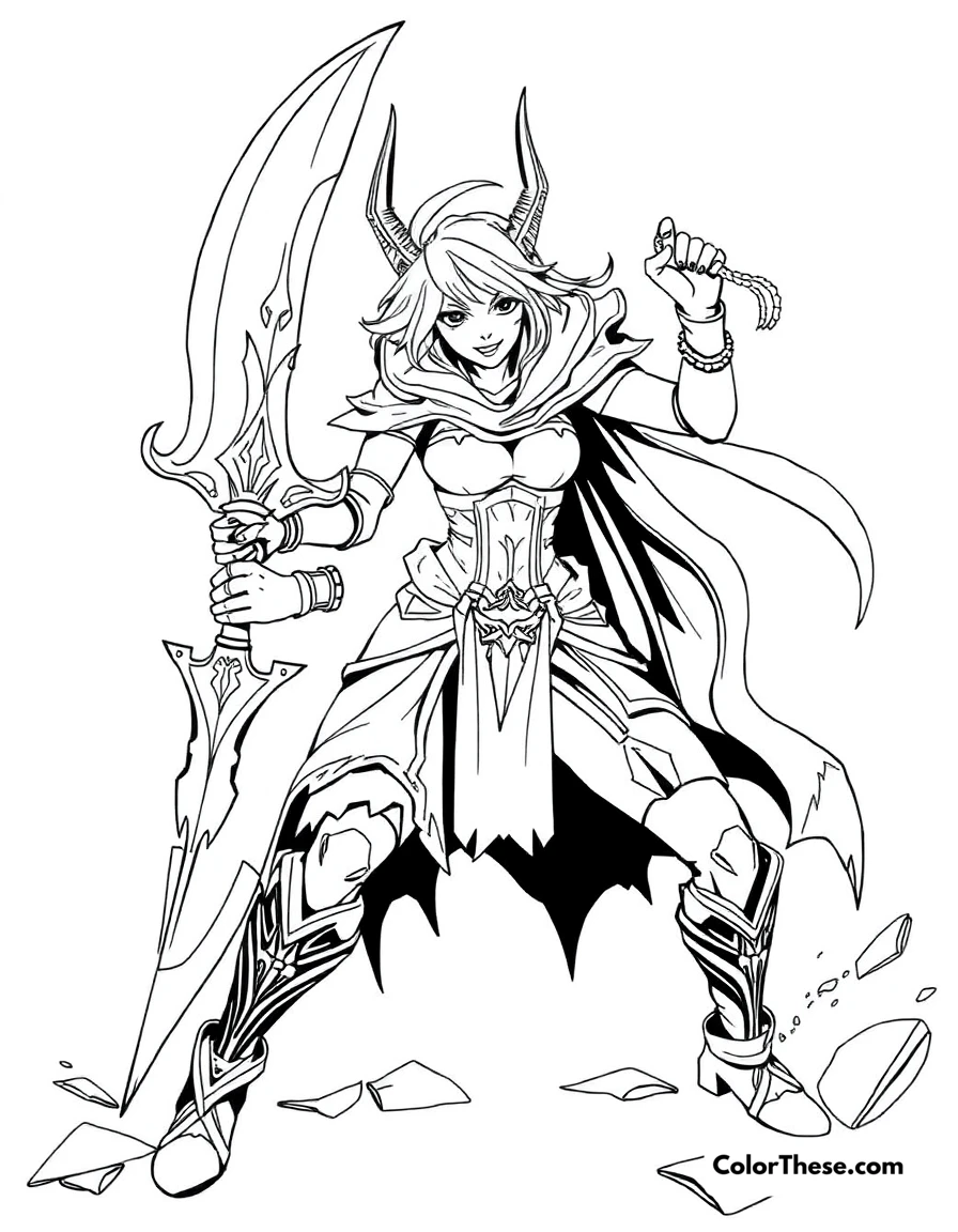 Free printable riven with her broken blade coloring page for kids and adults. Riven, the Exile from League of Legends, wielding her broken blade.