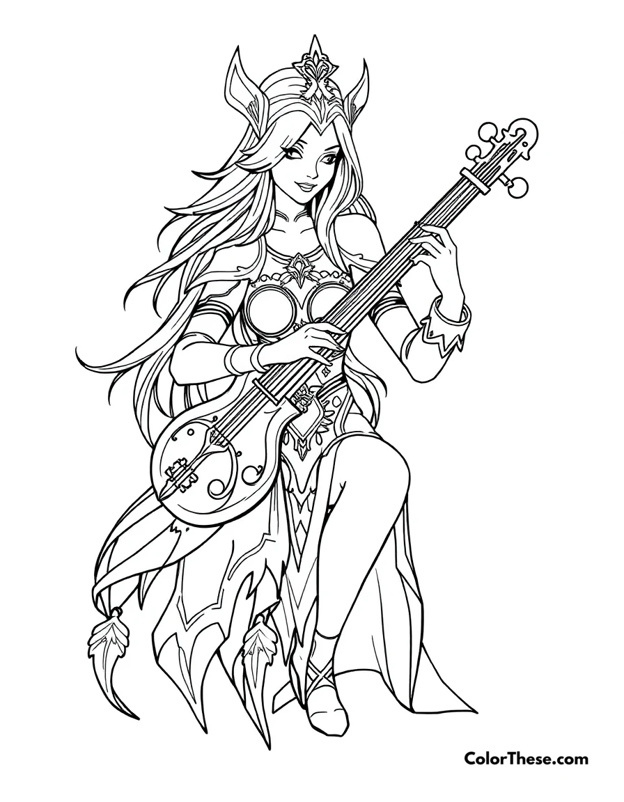 Free printable sona with her etwahl coloring page for kids and adults. Sona, Maven of the Strings from League of Legends, playing her ethereal instrument.