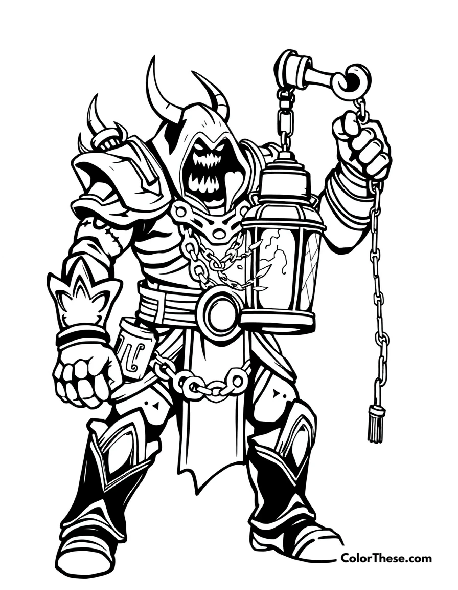 Free printable thresh with his lantern coloring page for kids and adults. Thresh, the Chain Warden from League of Legends, holding his eerie lantern.