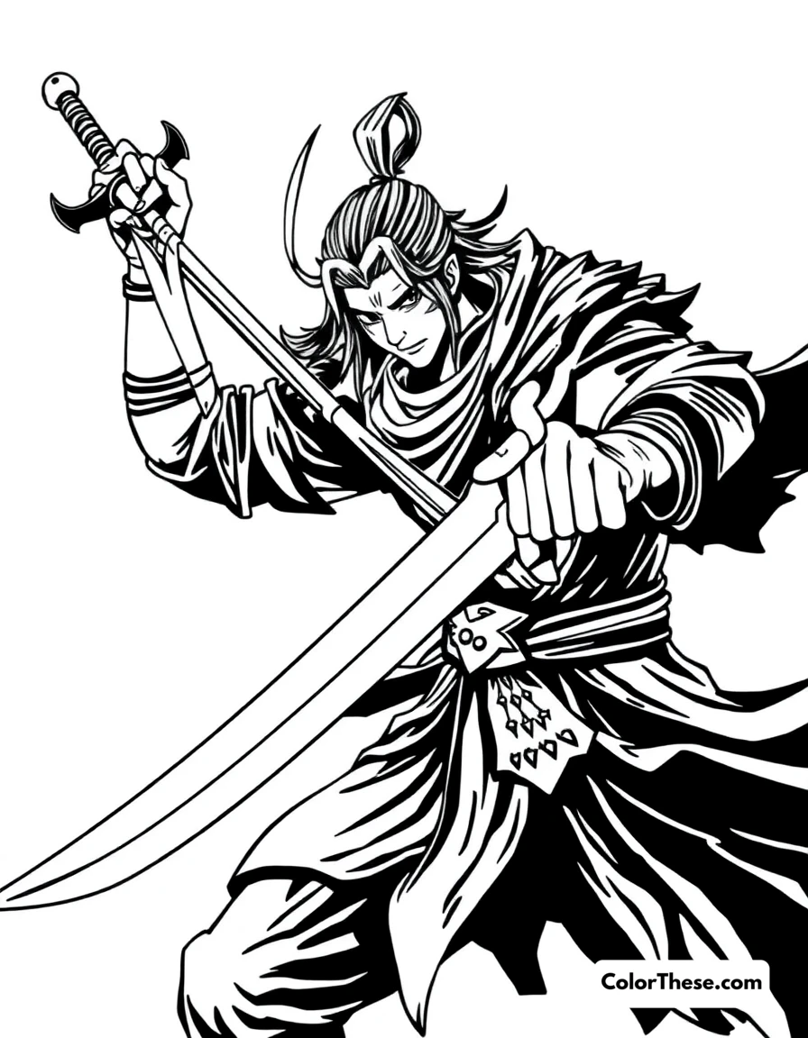 Free printable yasuo with his sword coloring page for kids and adults. Yasuo, the Unforgiven from League of Legends, wielding his sword in a dynamic pose.