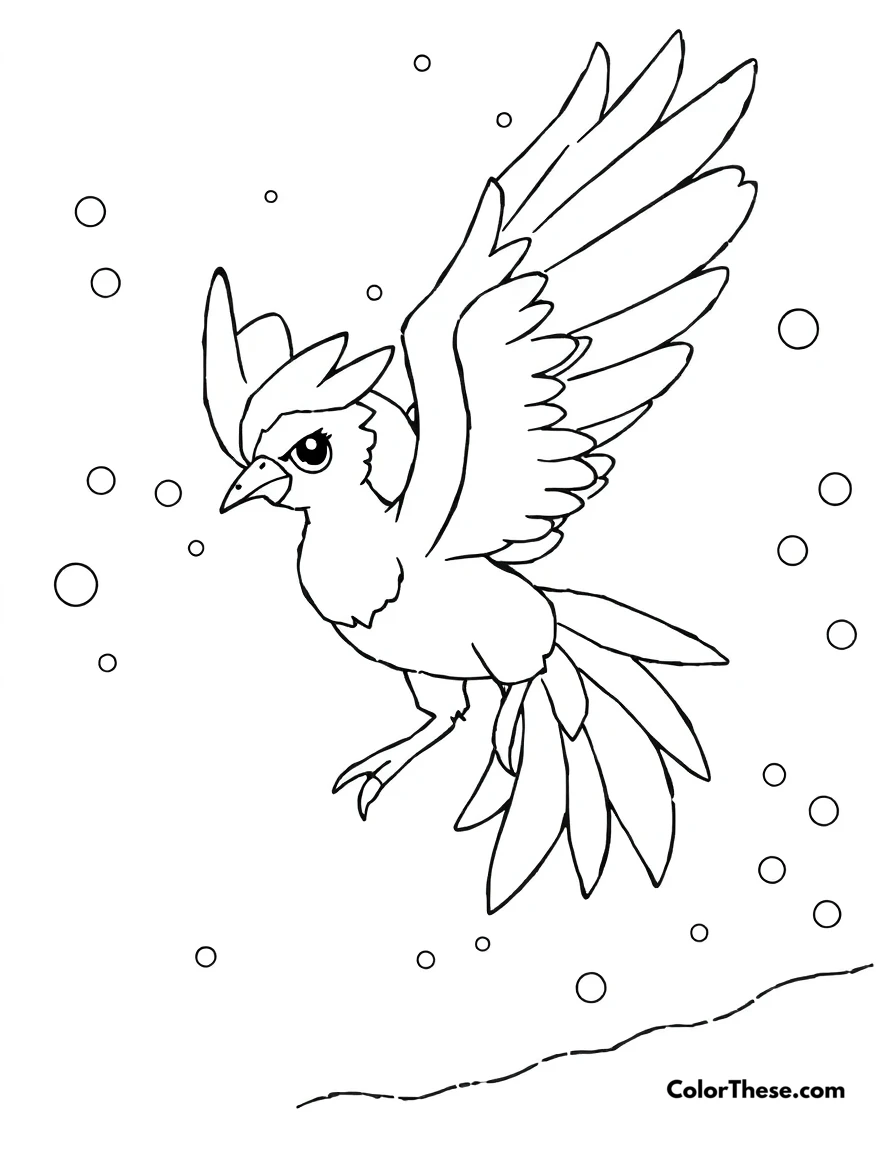 Free printable articuno in a snowstorm coloring page for kids and adults. Articuno, the Freeze Pokémon, flying through a snowstorm.