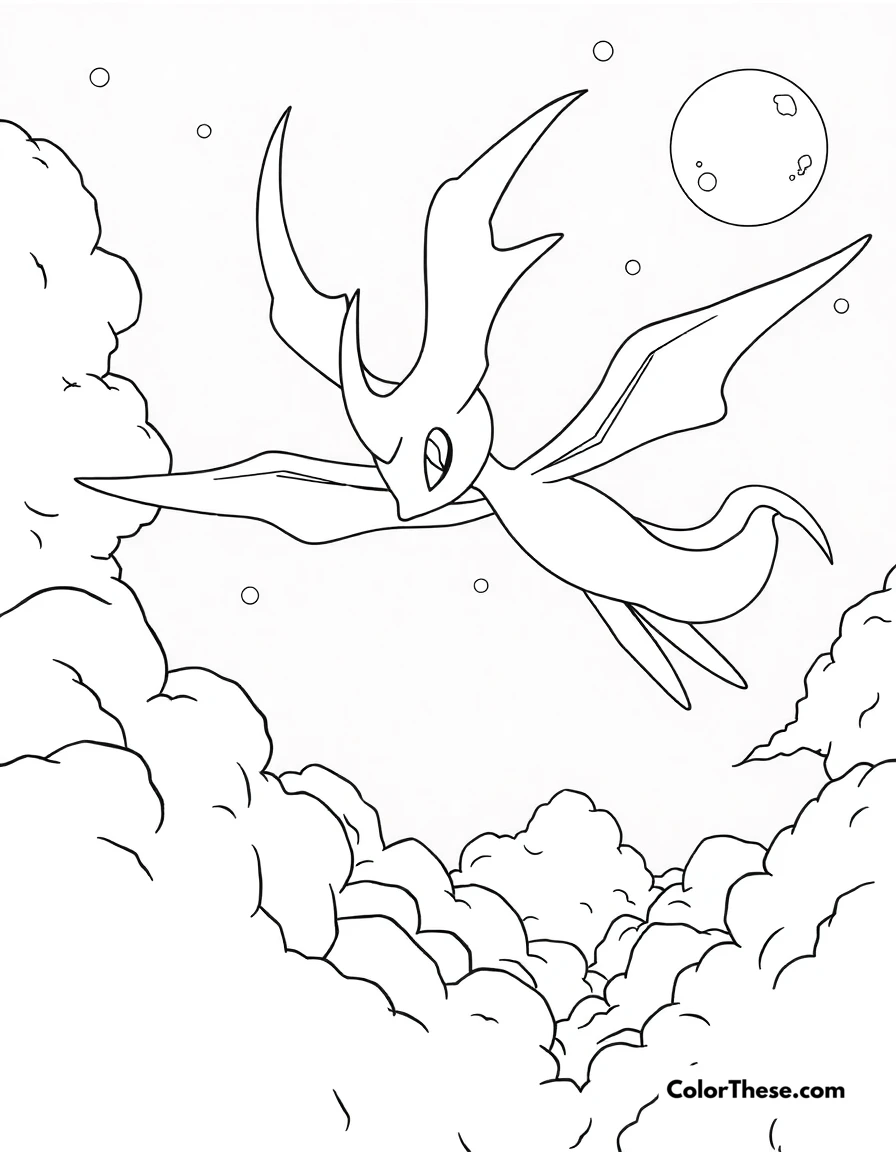Free printable cresselia in a moonlit sky coloring page for kids and adults. Cresselia, the Lunar Pokémon, flying in a moonlit sky.