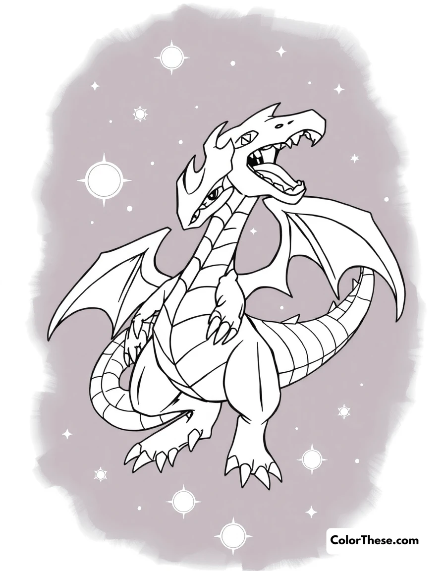 Free printable dialga in a timeless space coloring page for kids and adults. Dialga, the Temporal Pokémon, in a timeless space.