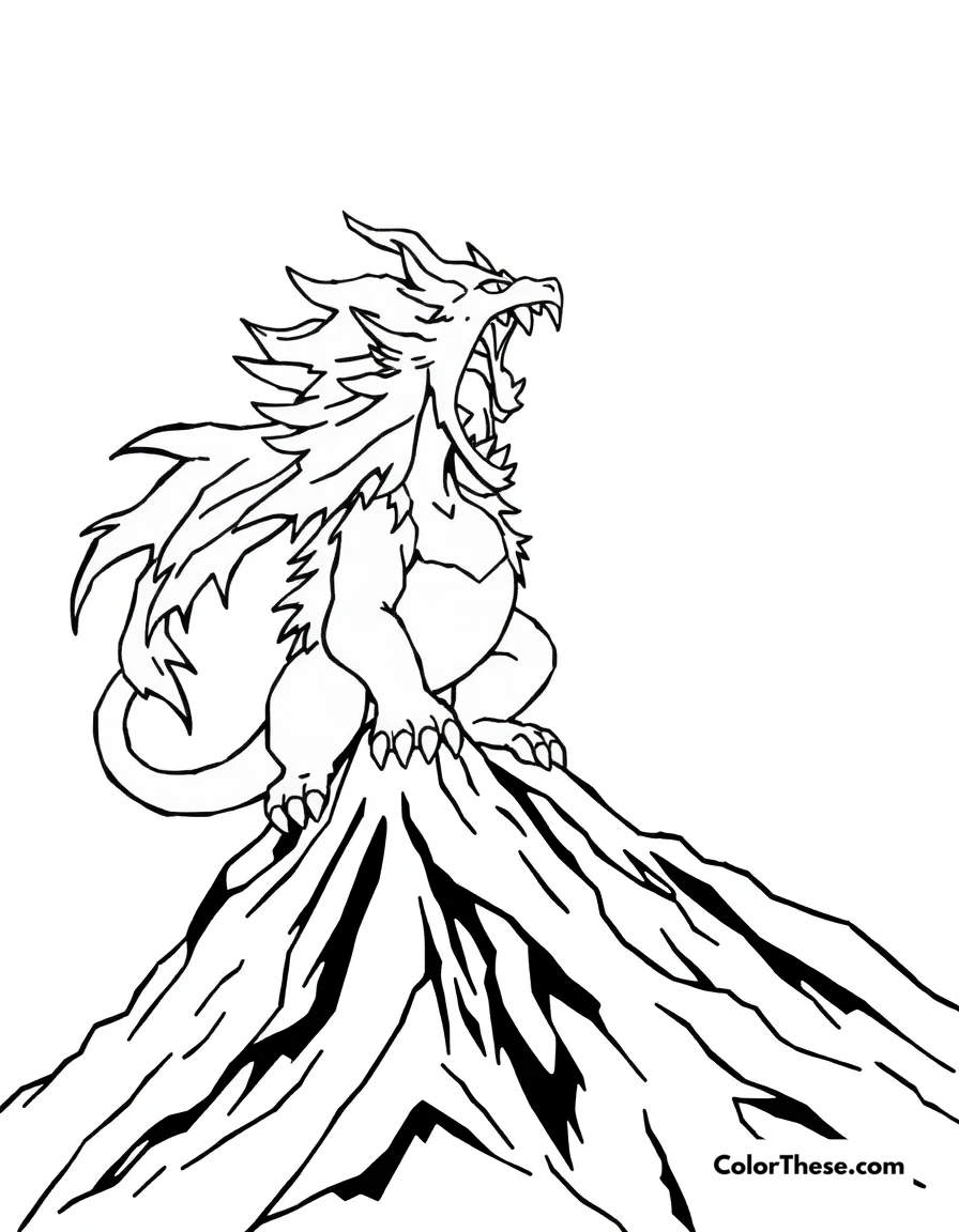 Free printable entei roaring on a mountain coloring page for kids and adults. Entei, the Volcano Pokémon, roaring on a mountain peak.