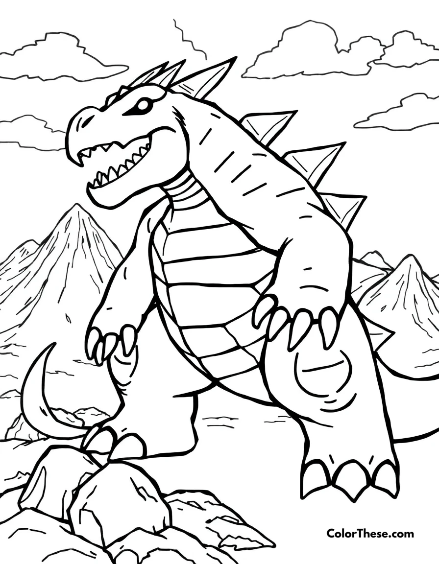 Free printable groudon in a volcanic landscape coloring page for kids and adults. Groudon, the Continent Pokémon, standing in a volcanic landscape.