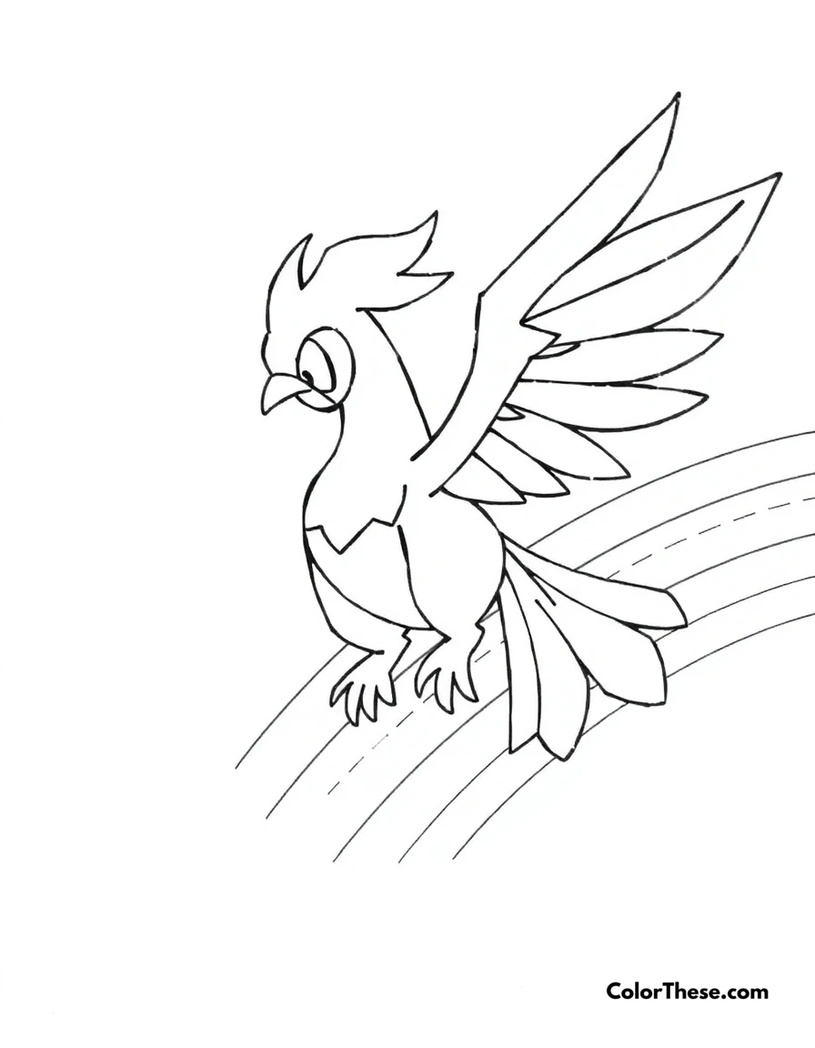 Free printable ho-oh flying over a rainbow coloring page for kids and adults. Ho-Oh, the Rainbow Pokémon, flying over a vibrant rainbow.
