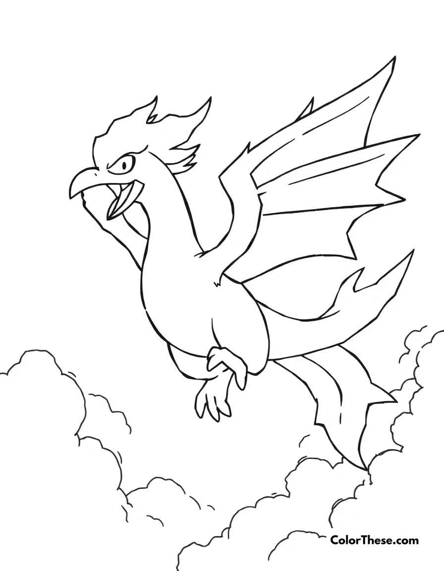 Free printable moltres in a fiery sky coloring page for kids and adults. Moltres, the Flame Pokémon, flying through a fiery sky.