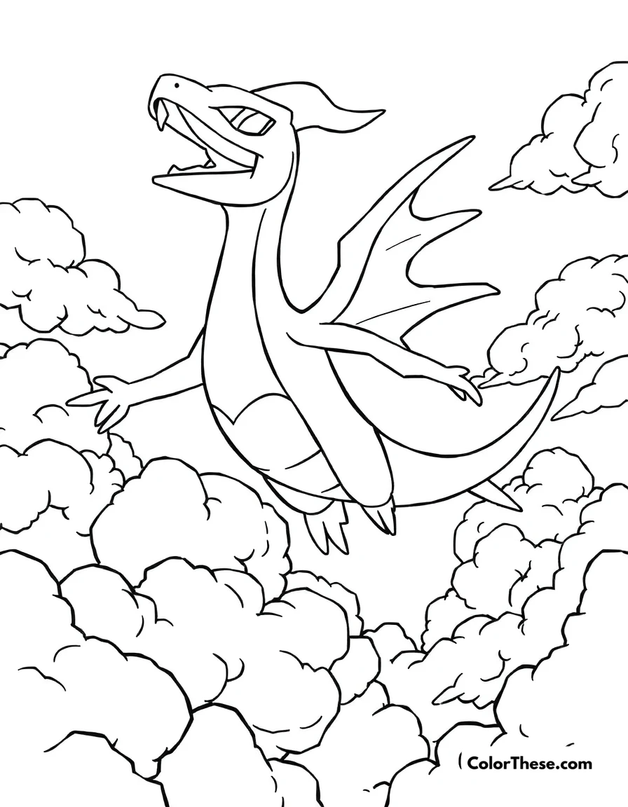 Free printable rayquaza in the sky coloring page for kids and adults. Rayquaza, the Sky High Pokémon, flying through the clouds.
