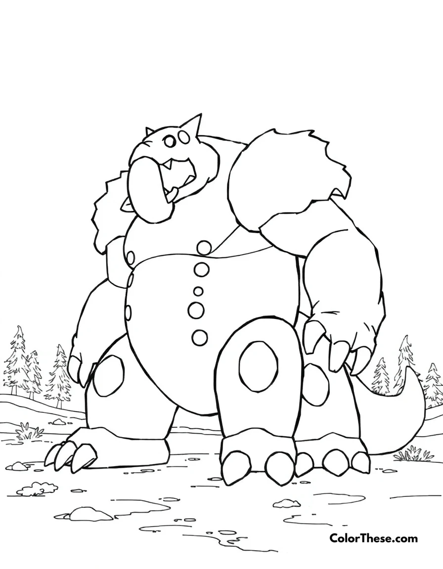 Free printable regigigas in a frozen tundra coloring page for kids and adults. Regigigas, the Colossal Pokémon, standing in a frozen tundra.