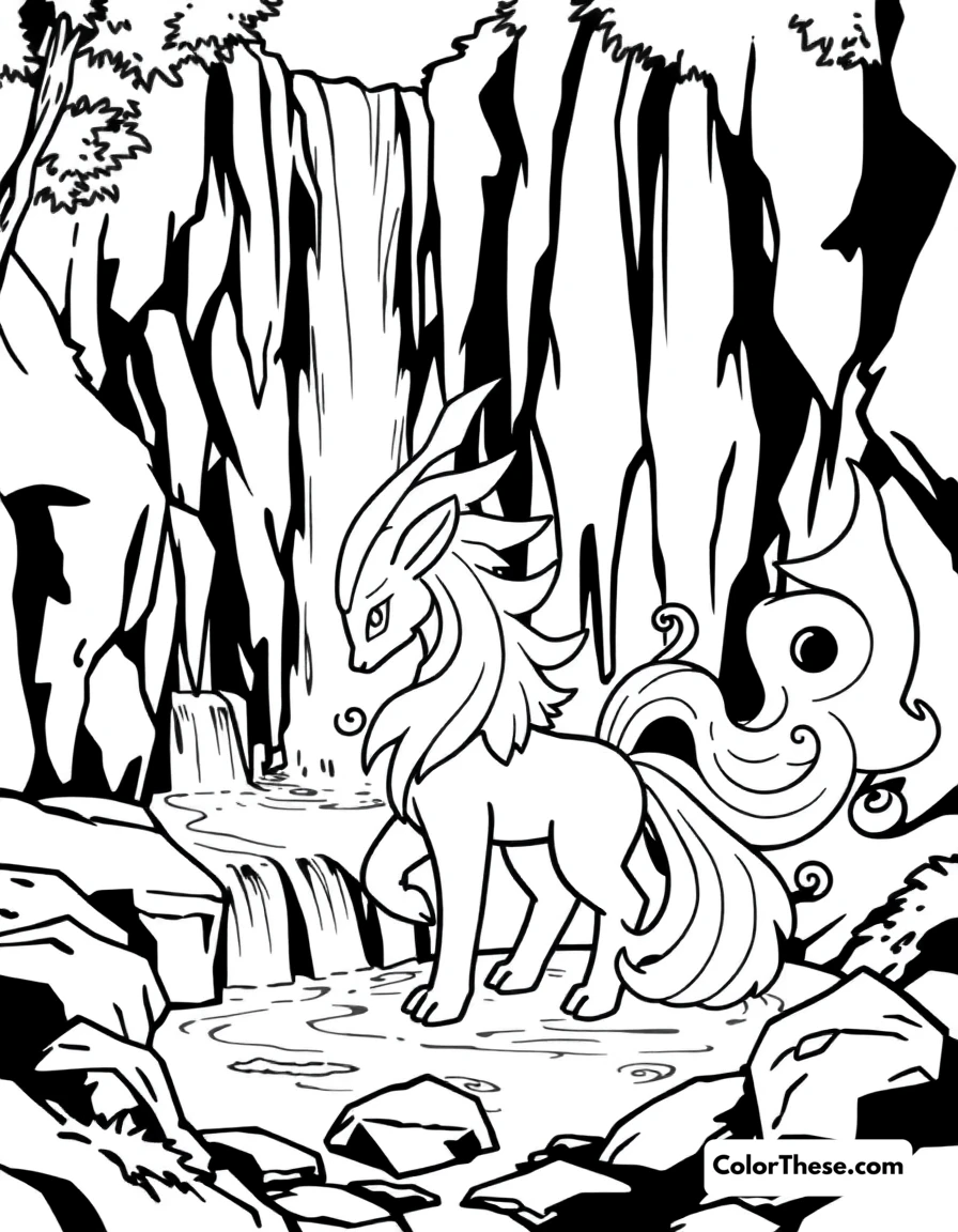 Free printable suicune standing by a waterfall coloring page for kids and adults. Suicune, the Aurora Pokémon, standing by a waterfall.