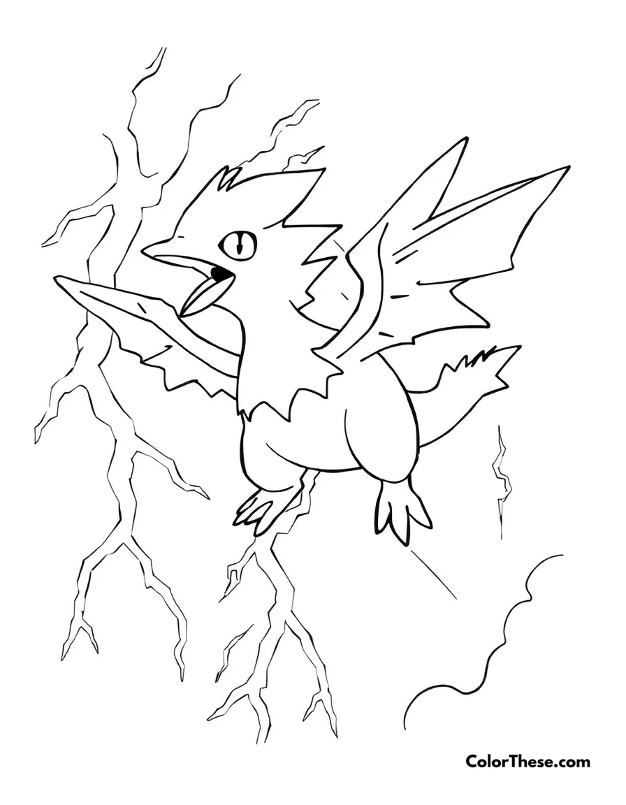 Free printable zapdos in a thunderstorm coloring page for kids and adults. Zapdos, the Electric Pokémon, flying through a thunderstorm.