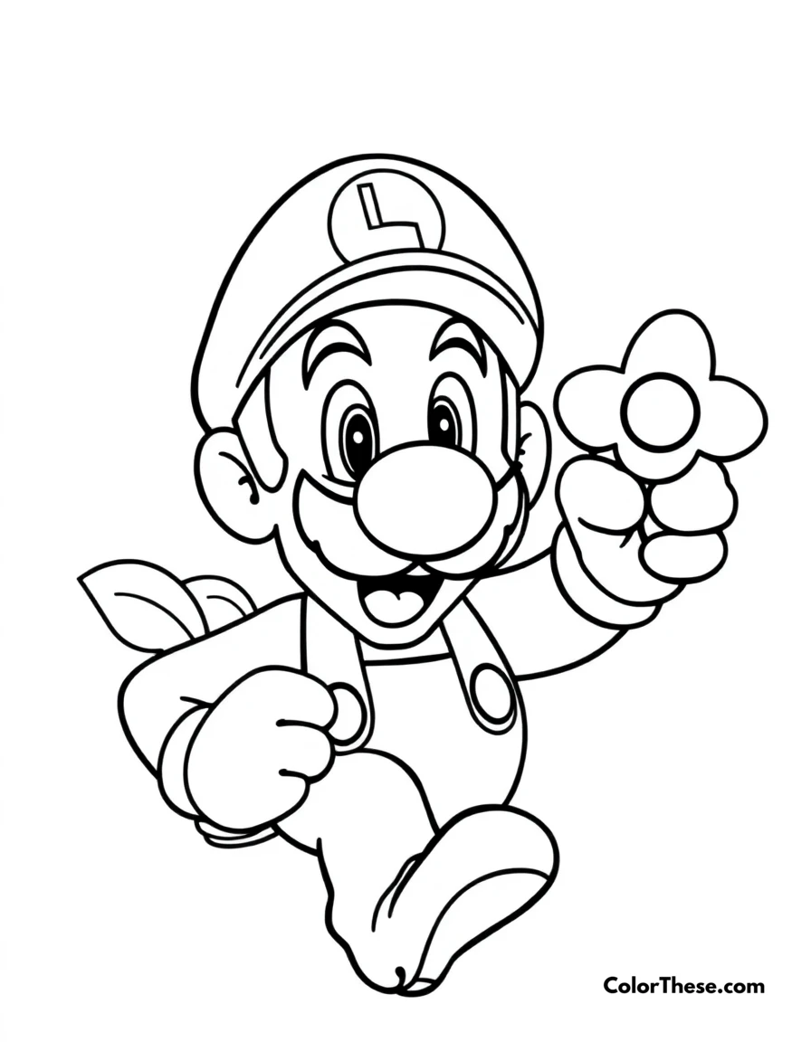 Free printable luigi with a boomerang flower coloring page for kids and adults. Luigi from Mario holding a Boomerang Flower power-up.