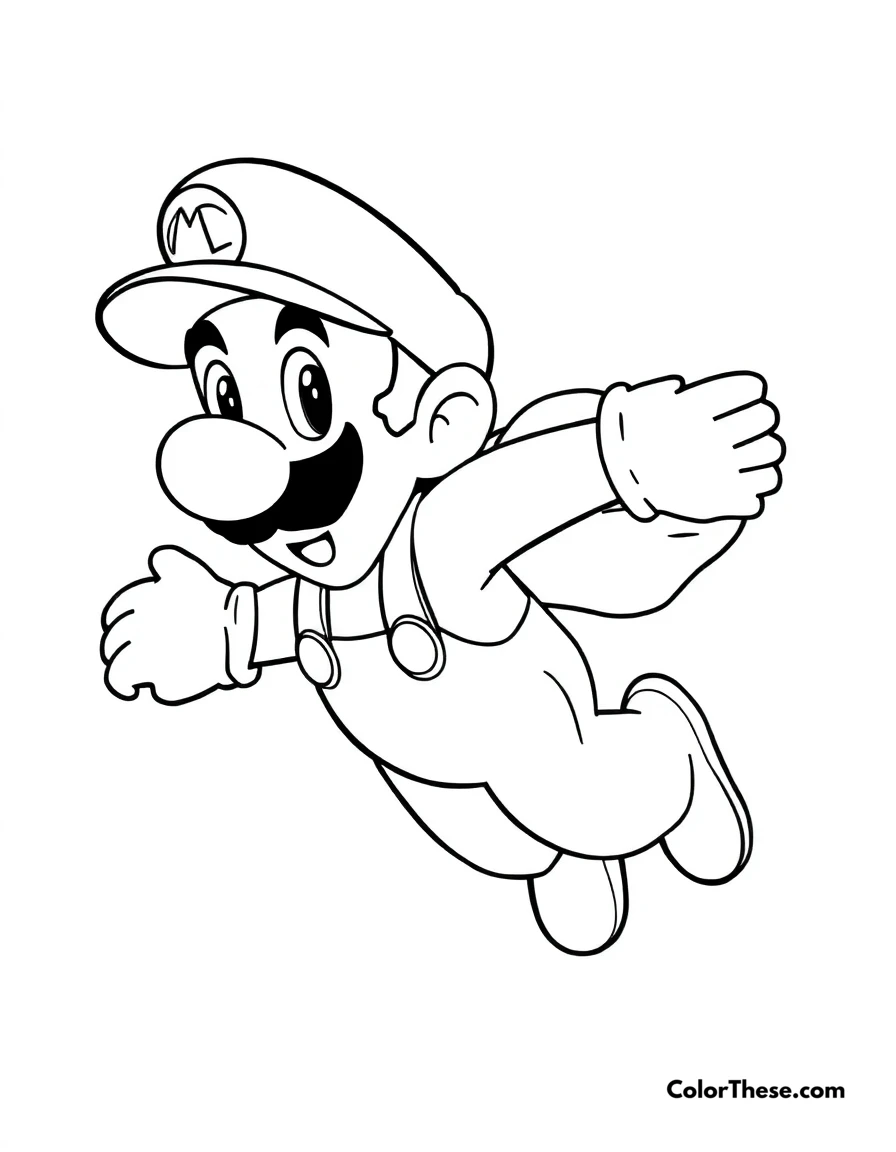 Free printable luigi with a cape feather coloring page for kids and adults. Luigi from Mario flying with a Cape Feather.
