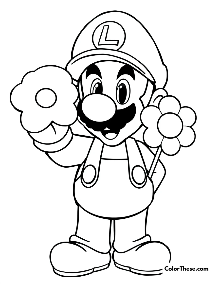 Free printable luigi with a cloud flower coloring page for kids and adults. Luigi from Mario holding a Cloud Flower power-up.