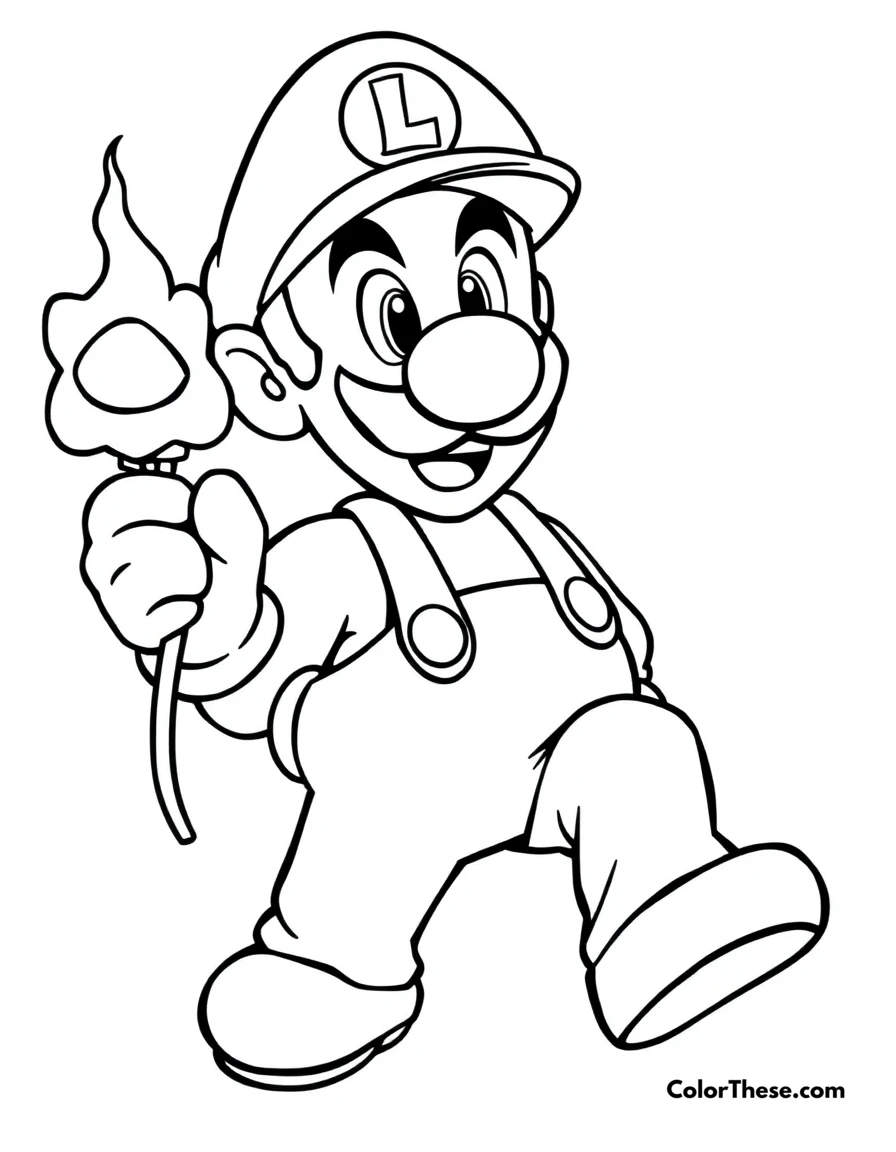 Free printable luigi with a fire flower coloring page for kids and adults. Luigi from Mario holding a Fire Flower power-up.