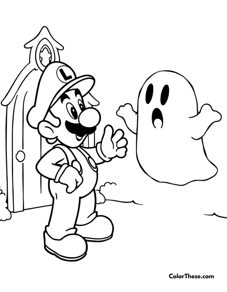 Free printable luigi in a ghost trap coloring page for kids and adults. Luigi from Mario capturing a ghost in Luigi’s Mansion.