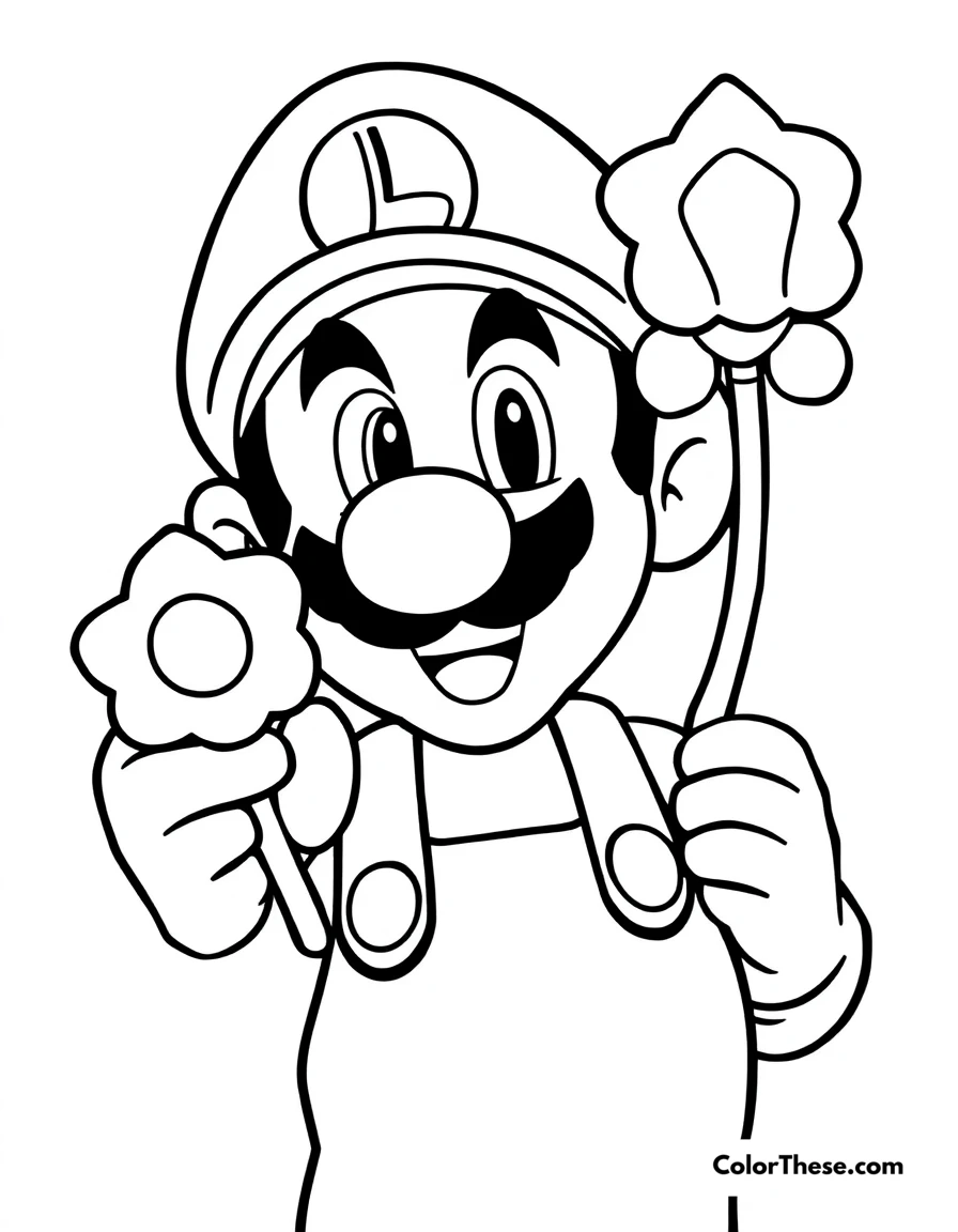 Free printable luigi with a ice flower coloring page for kids and adults. Luigi from Mario holding an Ice Flower power-up.